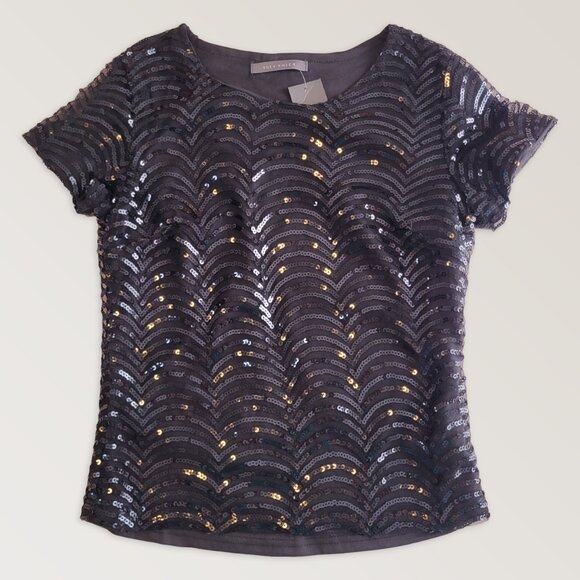SUZY Black Sequins Party Blouse, Christmas T-Shirt Top, Size XS - Picture 1 of 7